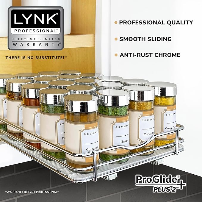LYNK PROFESSIONAL® Pull Out Spice Rack Organizer for Inside Kitchen Cabinets - 8-3/8 inch Wide - Slide Out Drawer – Chrome Sliding Spice Organization for cabinet - Spice Racks - 1 Tier