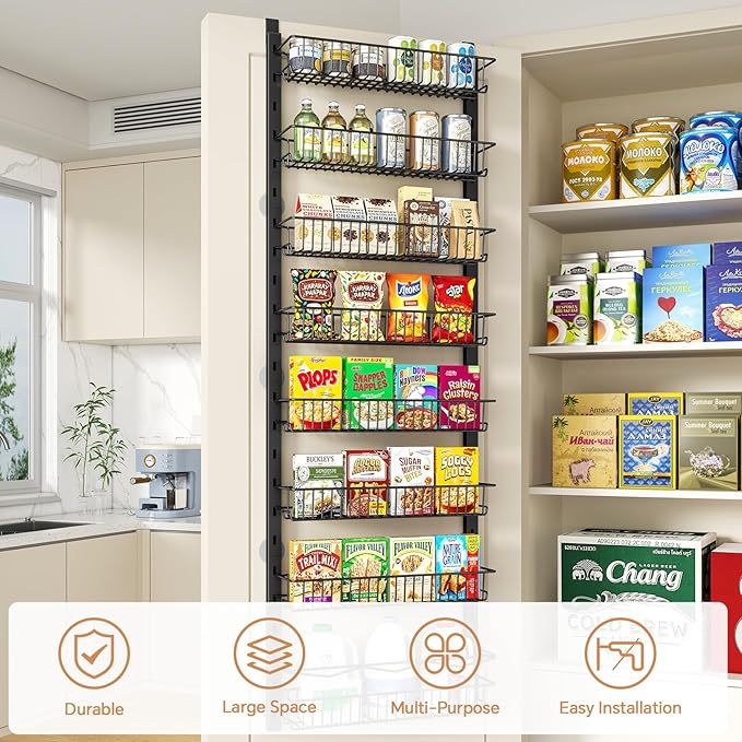 MIAOLI Over the Door Pantry Organizer, 8-Tier Adjustable Spice Rack Cabinet Door Shelves, Hanging Seasoning Organizer for Kitchen Bathroom, Laundry Room Organization, Black