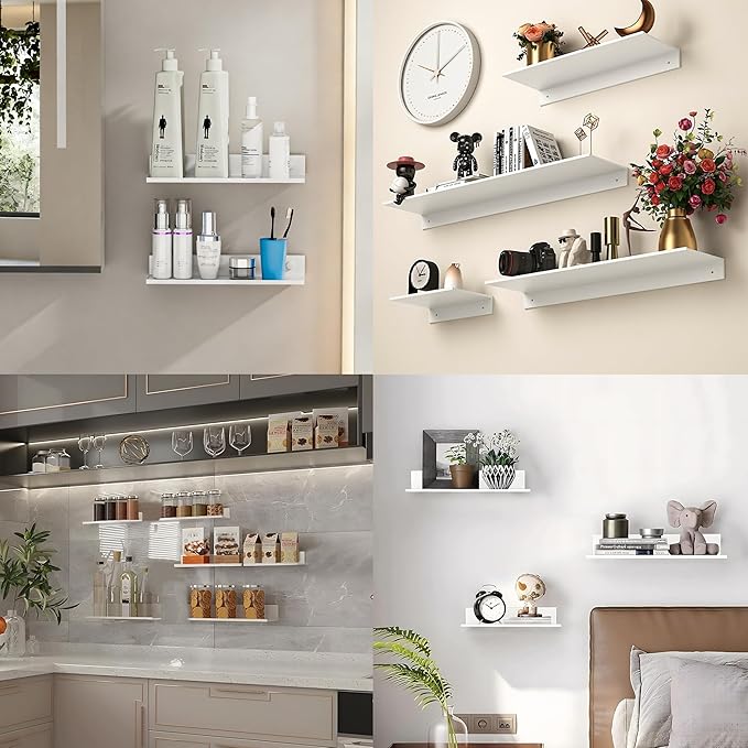 HNVNER White Adhesive Shower Caddy 30cm, Floating Bathroom Shelves for Wall 2 Pack, Metal Bathroom Wall Shower Shelves Storage Organizer for Kitchen Home