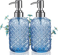14 Oz Refillable Glass Soap Dispenser with Rust Proof Stainless Steel Pump, for Dispense Hand soap, Body wash, Lotion 2pack (Blue)