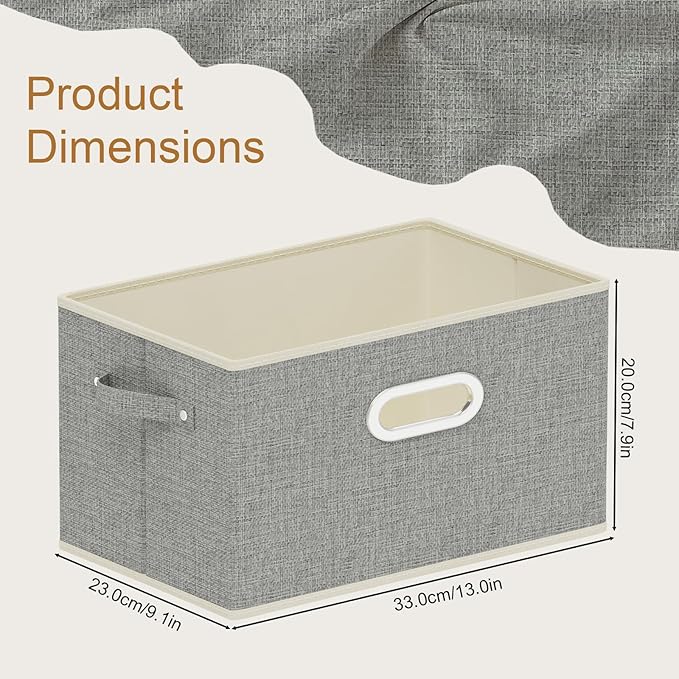 Fabric Open Storage Bins with Metal Handles, Collapsible Organizer Baskets, Foldable Cube Boxes for Shelves, Closet, Living Room, 13x9.1x7.9in, Grey, 2 Pack