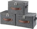 3 Pack Storage Bins with Zipper Lid Fabric Lidded Storage Boxes Baskets Cubes Washable Collapsible PU Leather Handle Cotton Linen Fabric Shelf Closet Organizer Container(Gray, Small Size)