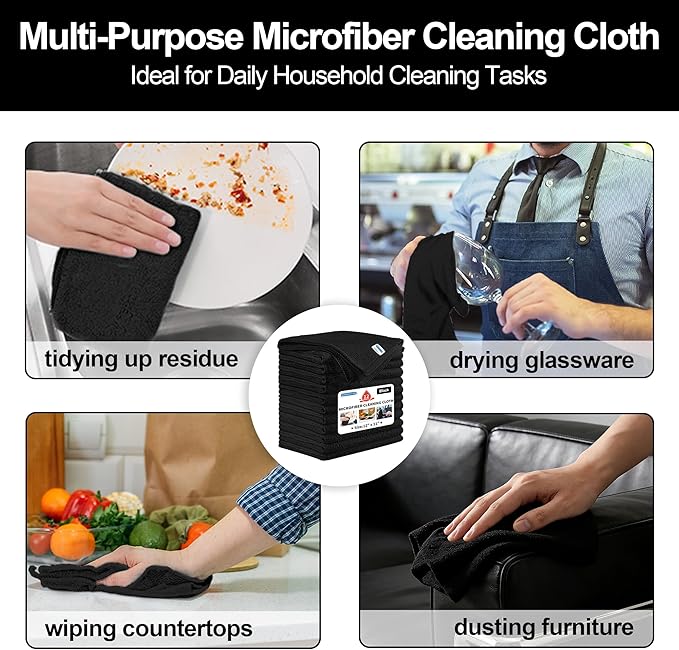HOMERHYME Microfiber Cleaning Cloth, 12 Pack Black Cleaning Rags,12" X 11" Lint Free Dish Towels Wash Cloths, Reusable Microfiber Towels for Home and Kitchen Bathroom Apartment Cleaning Supplies