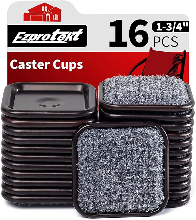 Ezprotekt 1 3/4" Square Carpet Bottom Furniture Caster Cups, 16 Pcs Reusable Furniture Coasters, Felt Furniture Sliders Pads to Protect Hardwood, Tile or Carpetd Floors from Scratches (Brown/Gray)