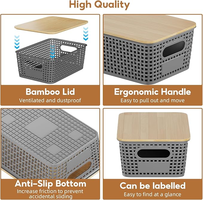 8 PCS Plastic Storage Bins with Bamboo Lid, Stackable Storage Bins with Lids & Labels for Organizing, Storage Bins for shelves, Office, Drawer, Cabinet & Pantry,Nursery Organization,10.2x7.2x4 .1In