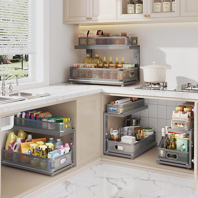2 Pack 21IN-Depth Under Sink Organizer With Next-Gen Ball-Bearing Slides,2-Tier Precision Mesh Pull Out Cabinet Storage for Bathroom&Kitchen,Height Adjustable Drawers Shelf,Anti-rust-Grey