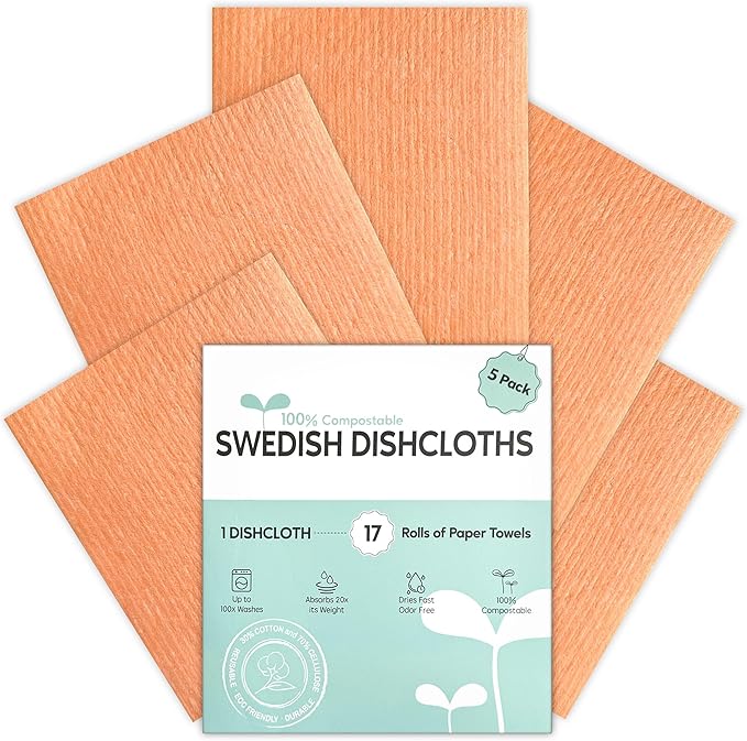 Swedish Dishcloths for Kitchen, 5 Pack Swedish Dish Cloths, Ultra Absorbent Reusable Paper Towels, Cellulose Sponge Cloths, Quick Drying, No Odor, Dishwasher Safe Orange