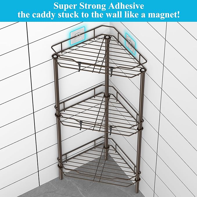 3 Tier Floor Standing Corner Shower Caddy Organizer Shelf with Hooks, Bathroom Shelves Stand Rack, Bronze