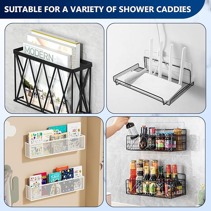 HAOBAOBEI 4 Pack Shower Shelf Adhesive Replacement, No Drilling Transparent Adhesive Hooks Stickers, Strong Wall Hook Strip for Shower Caddy Basket and Bathroom Shelf, Kitchen Racks (3 Hooks)
