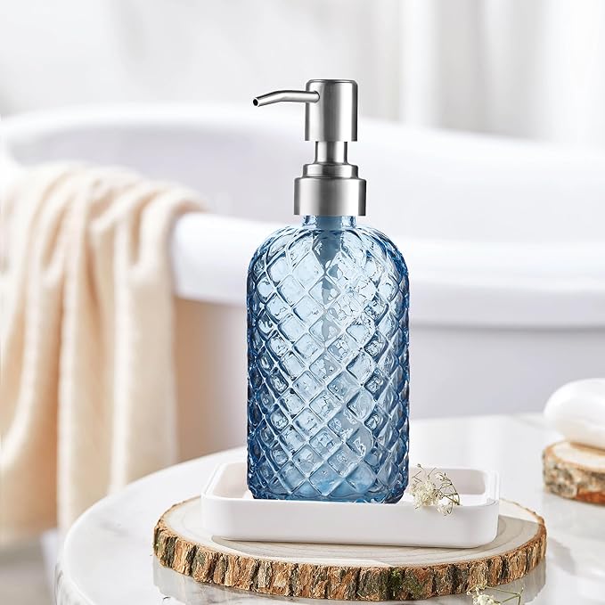 14 Oz Refillable Glass Soap Dispenser with Rust Proof Stainless Steel Pump, for Dispense Hand soap, Body wash, Lotion 2pack (Blue)