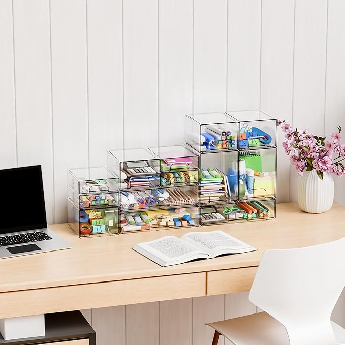 Yieach 2.2'' Tall Small Clear Stackable Storage Drawers,2 Pack Stacking Acrylic Organizers Drawers for Hair Accessories,Makeup,Pen,Art Crafts,Office Supply Organizer and Desktop Plastic Mini Drawers