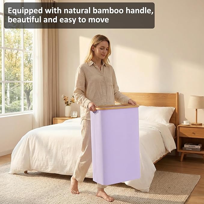 Slim Laundry Basket,60L Laundry Hamper with Lid, Tall Hamper for Laundry,Dirty Cloth Hamper with Bamboo Handle for Toys,Towels, Clothes Organizing,Purple