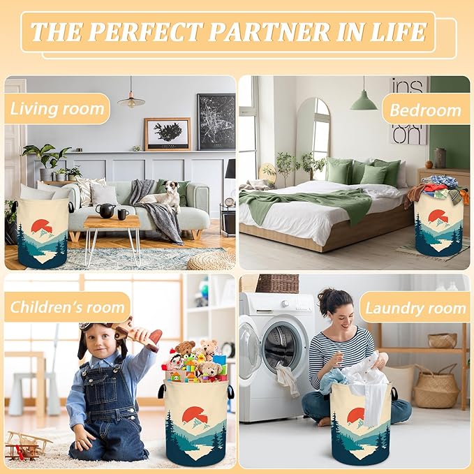 Mountains Sunset Laundry Basket, Nature Scenery Forest Laundry Hamper Foldable Waterproof Tote Bag Dirty Clothes Storage Bucket Toy Organizer for Bathroom/Laundry/Bedroom 15.7"x19.6"