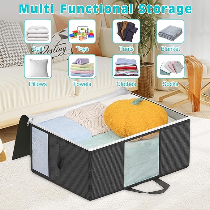 6Pack 105L Extra Large Blanket Comforter Storage Bags, Foldable Storage Bags for King Comforter Bedding Pillow Sheet Clothes with Handles Zippers Clear Window Closet Organizers and Storages, Black