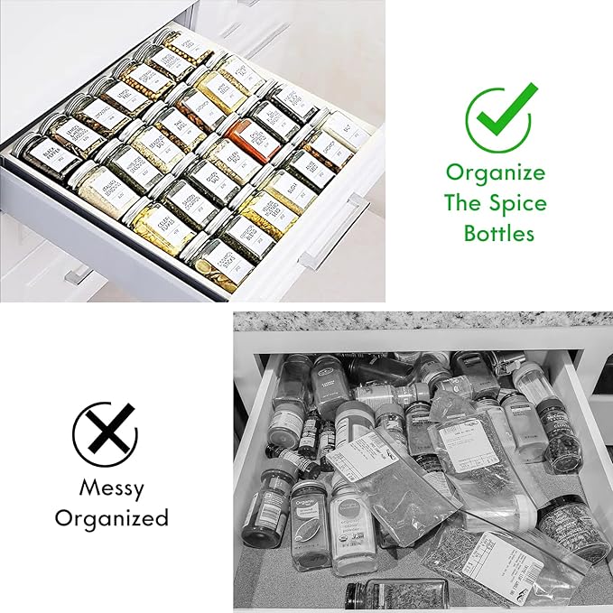 Foozet Spice Drawer Organizer for Kitchen, Adjustable Expandable Spice Rack Tray Insert 4 Tiers for Cabinet Drawer, 12.8" Wide x 17.5" Deep