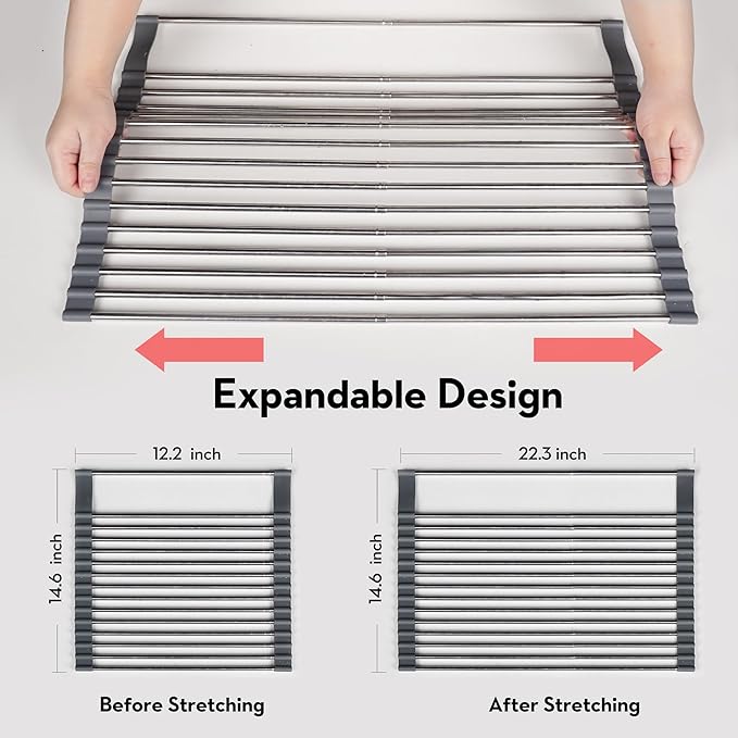 Roll Up Dish Drying Rack Over The Sink, 304 Stainless Stee Dish Drainer, Foldable & Adjustable Sink Drying Rack for Kitchen Sink Counter with Utensil Holder (Black, Roll Up,Small,Expandable)