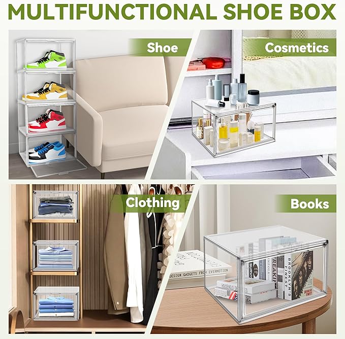 EDS FAM 12 Pack Clear Sneaker Boxes Stackable Shoe Box Size 12.5, Acrylic Shoe Storage Organizer Transparent Storage Bins with Magnetic Acrylic Door for Closet, Sneaker Display, Cosmetic, Figure