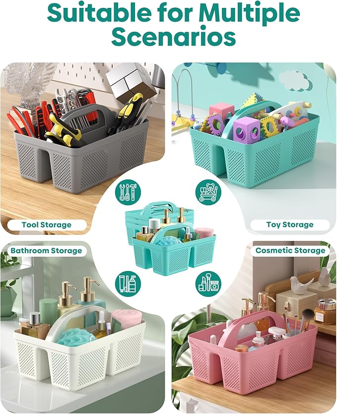 MLIKLU 4 Pack Portable Shower Caddy, Integrated Handle, Reinforced Plastic, Quick-Dry Ventilation Holes, Multi-purpose Storage Basket for Home, Dorm and Bathroom, Kitchen, Under Sink Storage, Cyan