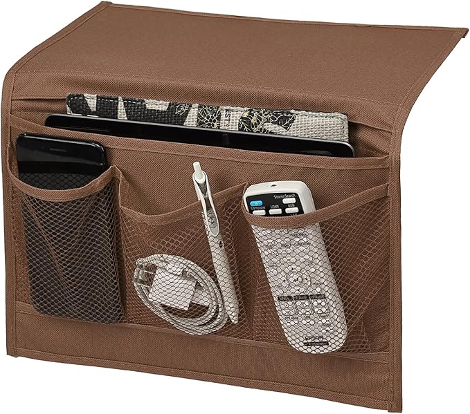Surblue Bedside Caddy 4 Pockets Bedside Storage Organizer for TV Remote Control Phone Glasses Magazine (Coffee)