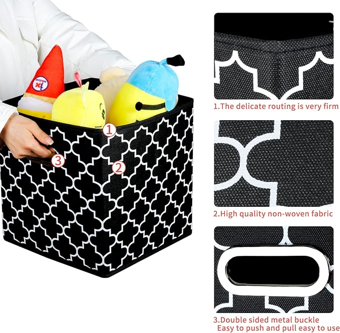 STOREONE Fabric Storage Bins Cubes Baskets Containers-(11X11X11) with Dual Metal Handles for Shelf Closet, Bedroom Drawers Organizers, Foldable Set of 3 (Black Light)