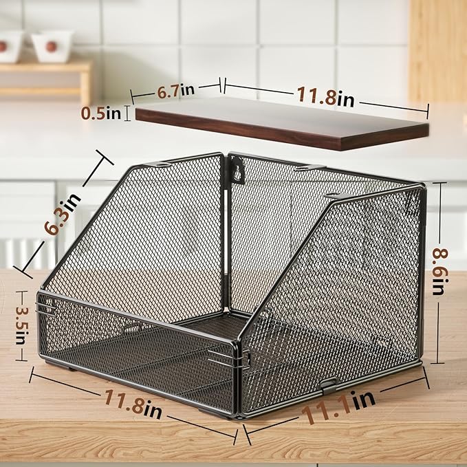 Stackable Fruit Basket for Kitchen Countertop Space Saving, Wall Mounted Mesh Metal Wire Basket with Wood Lid Extra Storage, 2 Pack Kitchen Counter Organizer for Snack, Onion and Potato Storage, Black