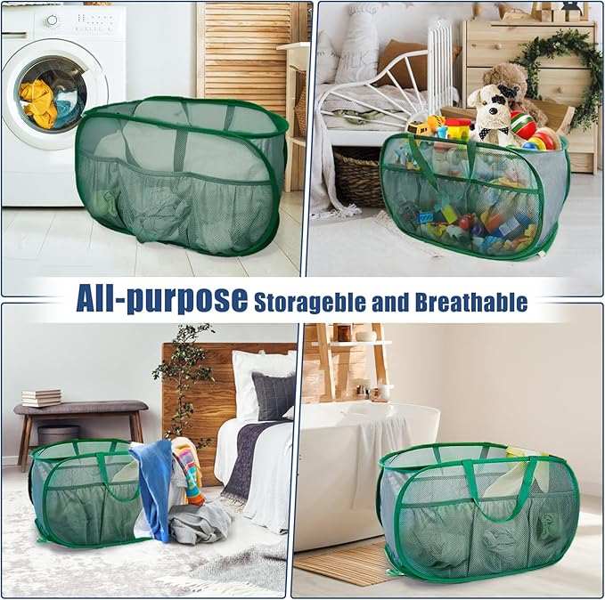 Collapsible Laundry Baskets, Upgrade Pop Up Laundry Hamper with Convenient Bags, Foldable Laundry Basket Mesh Light Weight, Easy to Carry Clothes Hampers for Laundry, Dorm, Toys, Travel Green