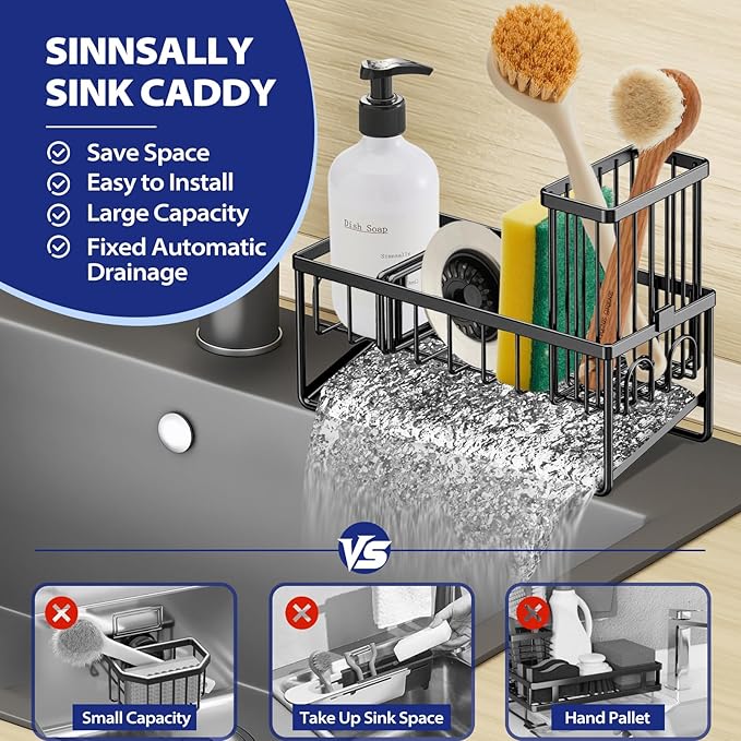 Sinnsally Kitchen Sponge Holder,Sink Caddy Organizer with Brush Holder,Stainless Steel Sink Box Dish Scrubber Holder with Self Drain Tray,Soap Dispenser Storage Accessories for Kitchen Counter(Black)
