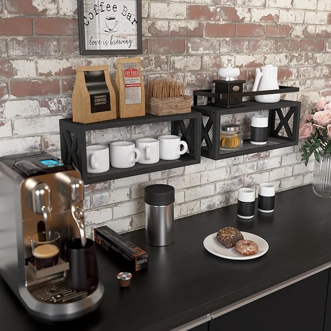RICHER HOUSE Floating Shelves with Guardrail, Rustic Wood for Wall Décor, Farmhouse Bathroom Accessories Mounted, Organizer over Toilet Storage, Kitchen, Living Room - Black