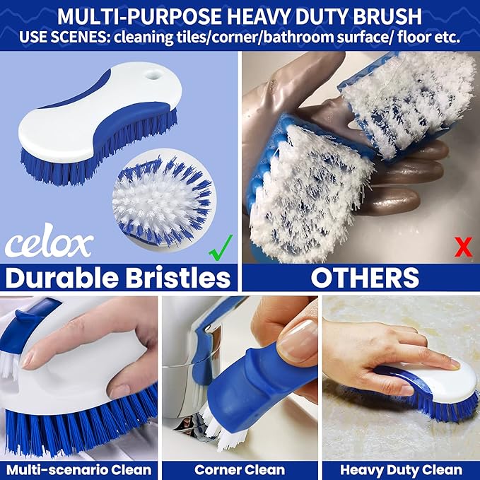 CELOX Kitchen Scrub Brush Set with Ergonomic Handle, Deep Cleaning Brushes, Include Dish Brush (Blue)