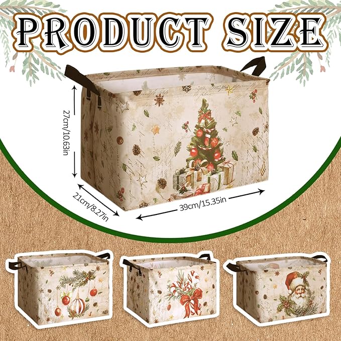 4 Pack Christmas Storage Bin Collapsible Large Christmas Storage Baskets for Gifts Xmas Tree Canvas Laundry Basket Foldable Box with Handle for Office Home Bedroom Clothes Toys Holiday Decor