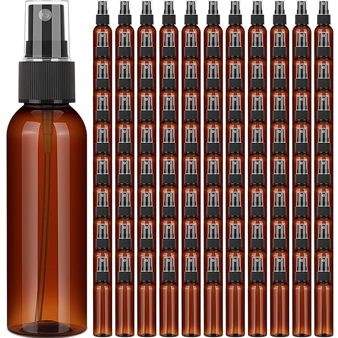 Nuogo 100 Pack 2 Oz Plastic Spray Bottles Reusable Mini Travel Size Perfume Refillable Mist Sprayer Empty Spritz Bottle for Household Use Essential Oil Cleaning(Amber)