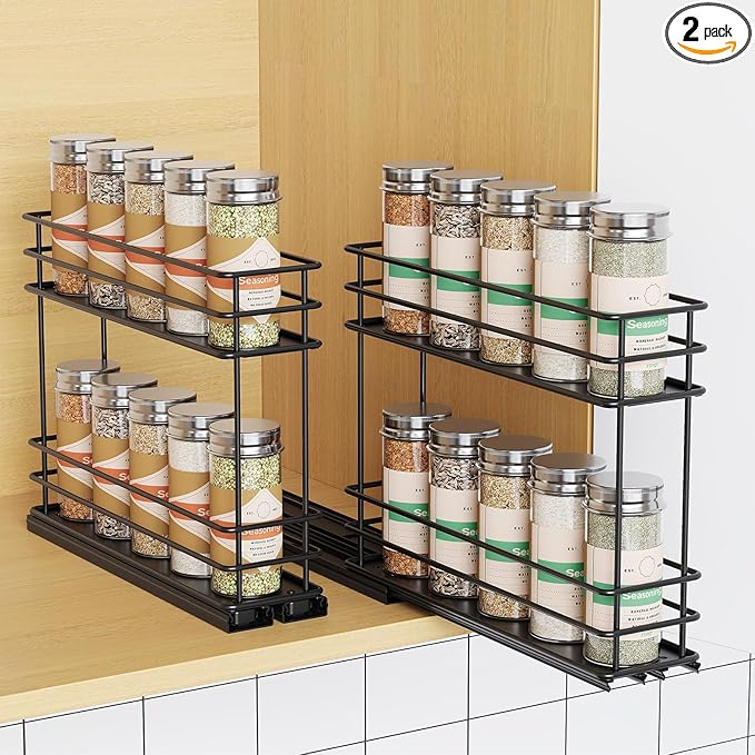 Pull Out Spice Rack Organizer for Cabinet, Slide Out Spice Racks, Easy to Install Spice Cabinet Organizers, 5.2" Wx10.43 Dx8.26 H, 2 Packs 2 Tiers(Black)