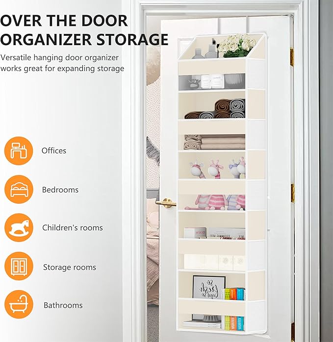 Over Door Organizer with 5 Large Pockets & 10 Mesh Side Compartments - Behind The Door Storage for Bathroom, Bedroom, Closet, Pantry, RV & Nursery - Baby Room Organizer Solution - Beige