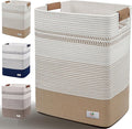 Laundry Hamper Large Laundry Basket with Leather Handles, Decorative Storage Cotton Rope Woven Basket for Blankets, Clothes Hamper for Living Room, Jute & White, 85L