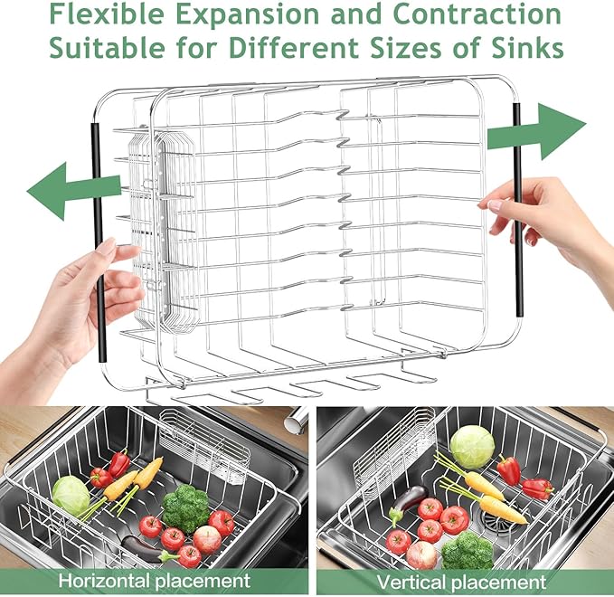 Dish Drying Rack in Sink, Extendable Stainless Steel Dish Drainers for Kitchen Counter, Anti-Rust Dish Dryer Rack with Utensil & Cup Holders, for Inside Sink, Over The Sink