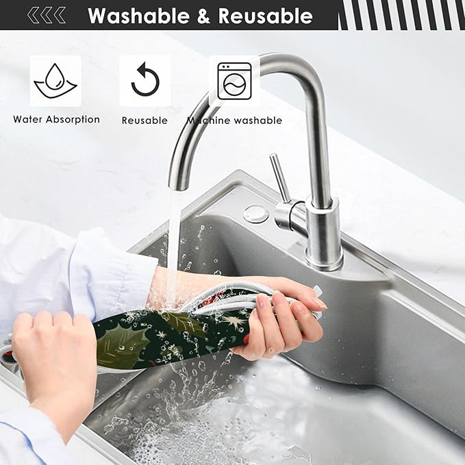 Sink Faucet Absorbing Mat Kitchen Sink Splash Guard Splash Faucet Drip Catcher for Bar RV Bathroom 2PCS 23.6x5.5in Green Christmas Holly Berries Pine Needles Leaves