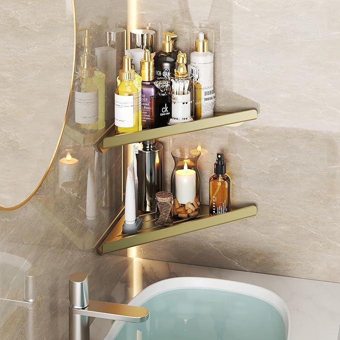 Ecowillon Corner Shower Shelves, 2-Tier Triangle Gold Shower Candy, 304 Stainless Steel Corner Shelf Will not Rust, Wall Mounted Caddy Shelves No Drilling with Adhesive,Storage Shelf for Toilet