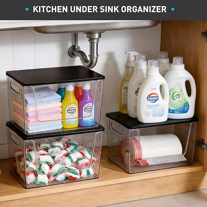 Pantry Organizers Storage, 2 Pack Under Sink Organizer Trash Bag Holder with Black Bamboo Lids Large Capacity Clear Storage Bins for Onion, Potato, Garlic, Canned Food Countertop Organizer