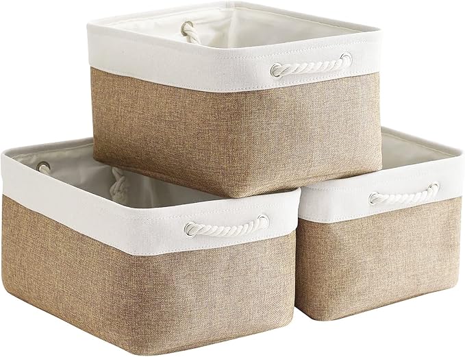 Sacyic Fabric Storage Baskets - Rectangular Baskets for Organizing Fabric, Shelves & Decorative Use (White & Khaki)