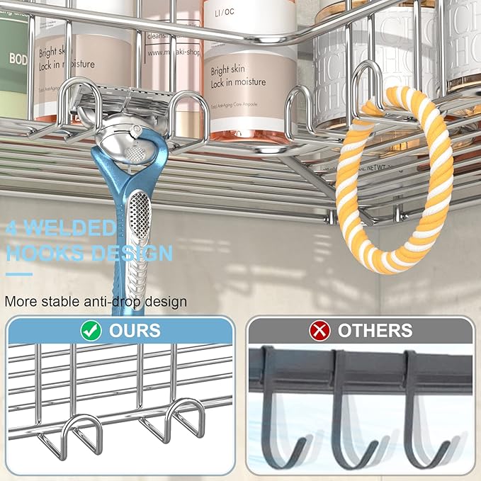 Yazoni Corner Shower Caddy, 4-Pack Adhesive Shower Shelves with Soap Holder No Drilling, Rustproof Bathroom Shower Organizer Storage, Silver