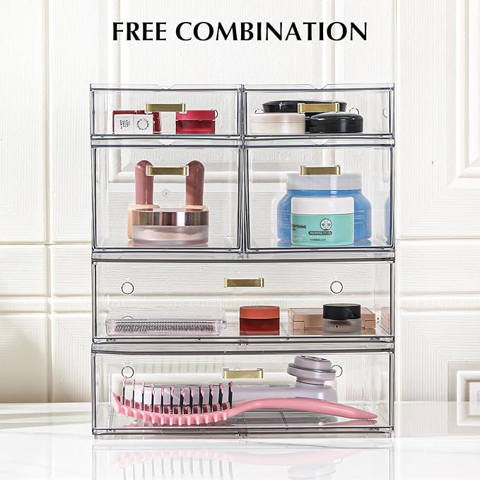 Stackable Storage Drawers, 6 Pack Clear Acrylic Organizer Bins with Golden Handles, Multi-Size Plastic Drawers for Makeup, Vanity, Kitchen, Bathroom, Office, Under Sink & Cabinet Organizatio