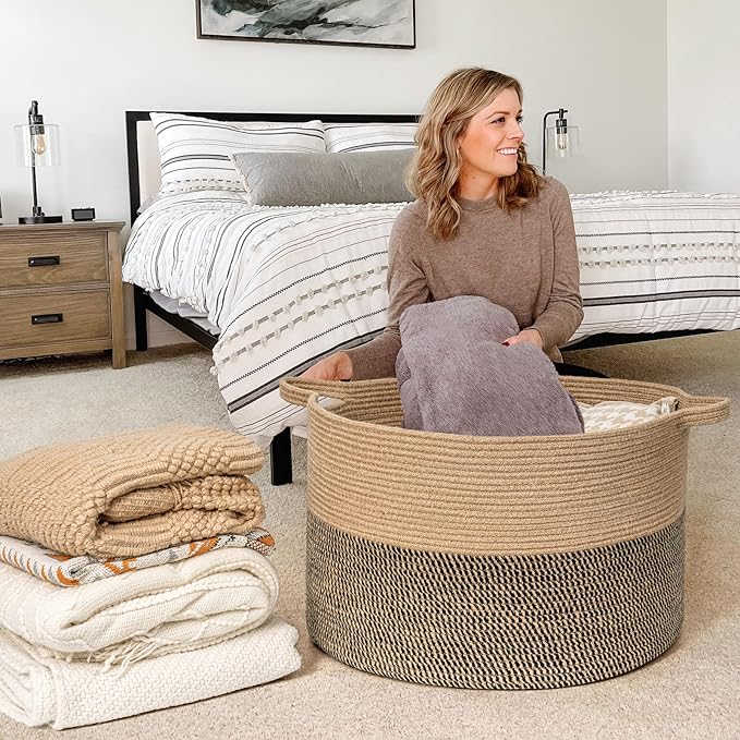 Goodpick Extra Large Wicker Storage Basket, 83L Woven Blanket Storage for Living Room, Round Baby Basket for Clothes, Big Laundry Hamper for Pillow, 21.7 x 13.8 inches