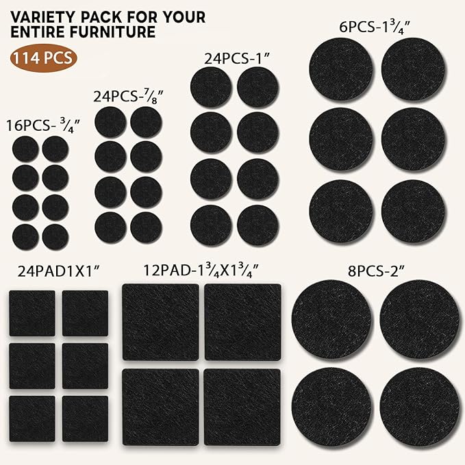 Felt Furniture Pads 114 PCS, 7 Sizes, Felt Pads for Chair Legs, Suitable for Round and Square Chair Legs, to Prevent Scratches, Reduce Noise and Protect The Floor (Black)
