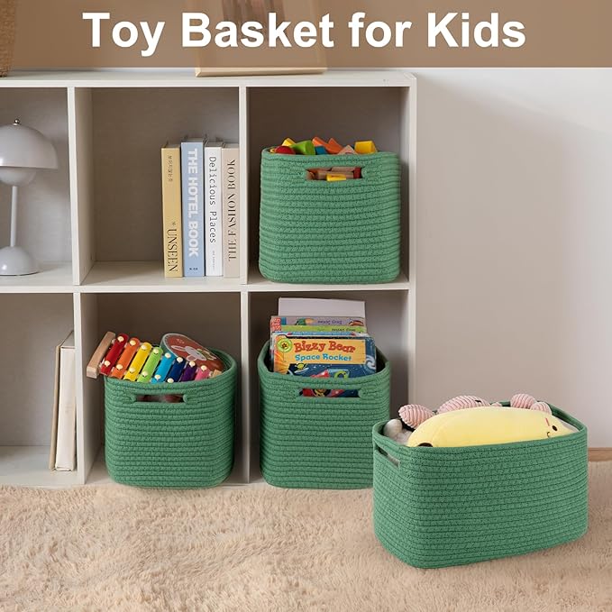 Storage Baskets for Organizing, Woven Decorative Baskets for Shelves - Books, Towels, and Clothes, Cotton Rope Toy Storage Bins, 12.7''Lx9''Wx7.8''H, Pack of 4, Green