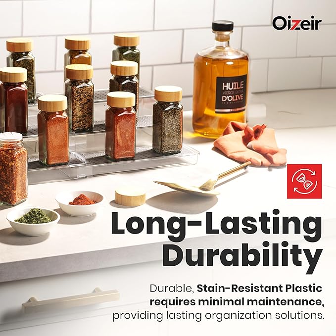 Oizeir Expandable Spice Organizer Rack (2-PACK) - 3-Tier - Clear Adjustable Tiered Shelf Spices Organization for Kitchen Cabinet and Pantry Storage