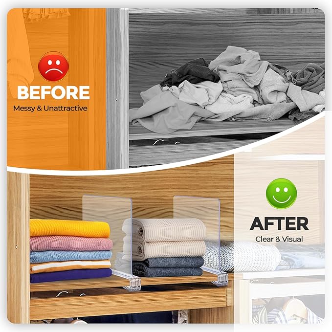 JOY DECOR 8 Pack Acrylic Clear Shelf Dividers for Closets Organizer and Storage Adjustable Vertical Wood Shelf Closet Separators for Clothes,Book,Bags in Bedroom and Kitchen
