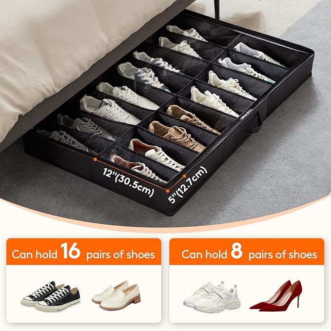 Lifewit Under Bed Shoe Storage Organizer 1 Pack(16 Pairs), 4.3" Tall Fabric Shoes Container Box, Foldable Closet Shoe Bag with 2 Reinforced Handles and Clear Cover, Black
