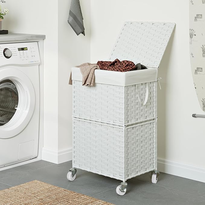 Chrislley 90L Slim Laundry Hamper with Wheels, Rolling Laundry Basket with Lid and Renovable Liner Bag, Handwoven Rattan Organizer for bedroom, bathroom, laundry room (White)