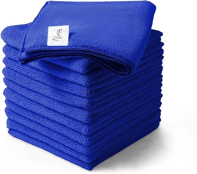 Ninia Blue Microfiber Cloth 12 Pack 35x35 cm, Thick & Absorbent Reusable Towels for Car Detailing Stainless Steel Polishing Electronics Dish Cloths Lint Free Cleaning Rags Glass, Kitchen & House