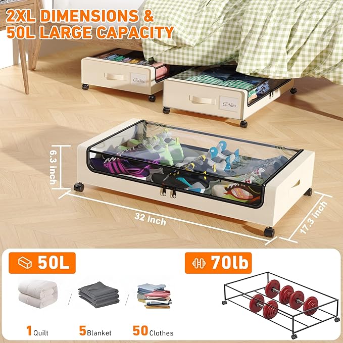 Under Bed Storage with Wheels, 2 Pack Under Bed Storage Containers with Dividers & Clear Lids, XXL 65L Under the bed storage Organizer Bins, Underbed Storage with Wheels for Clothes (White, 2 Pack)
